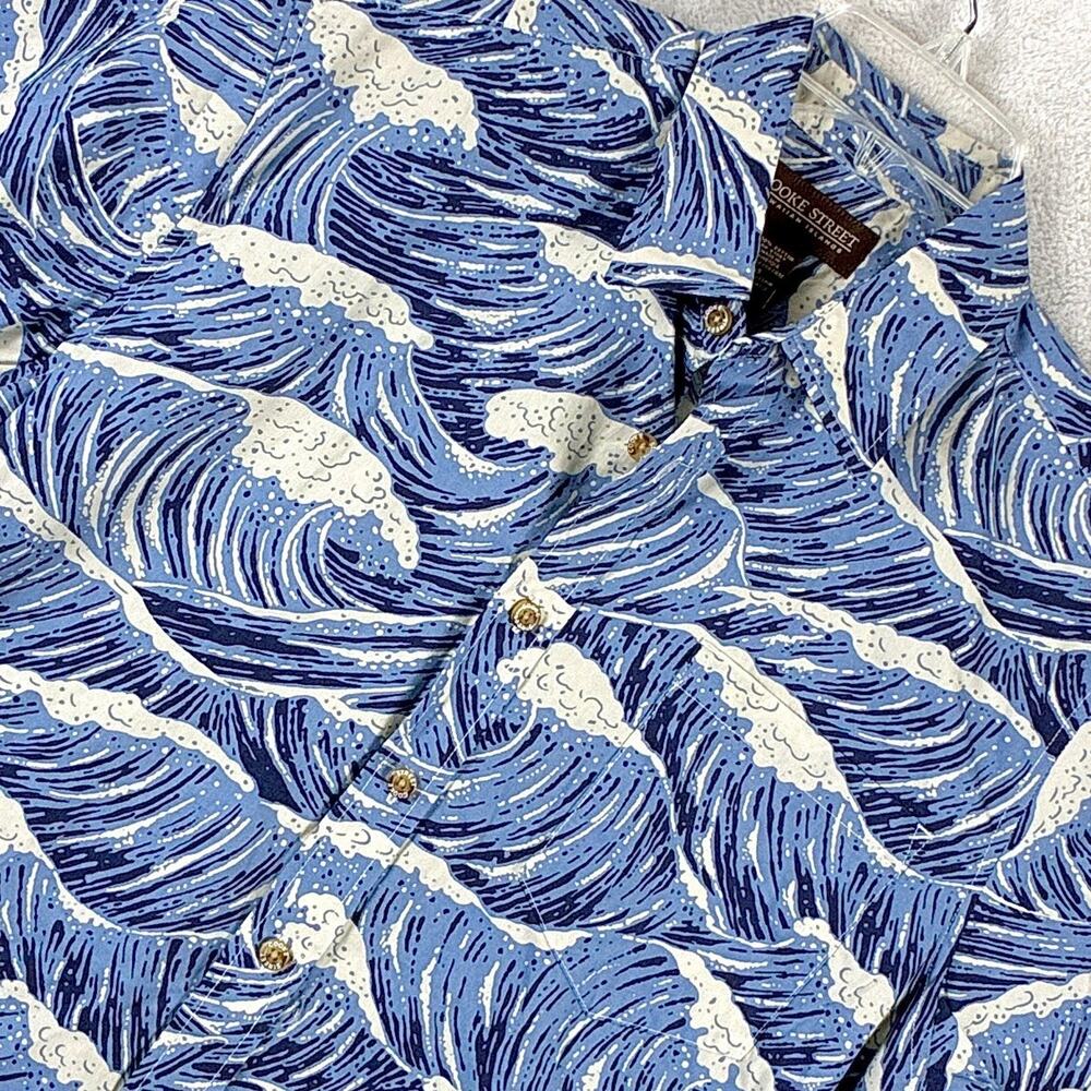 VTG Cooke Street Hawaiian Shirt Mens S Blue Ocean Wave AOP Beach Aloha Tiki Y2K